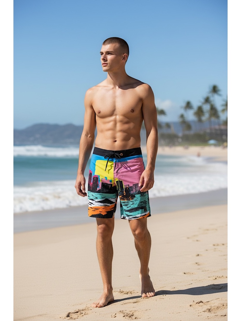 Vast Men's Multicolor Graphic Swim Trunks, city scene, NWT, 34